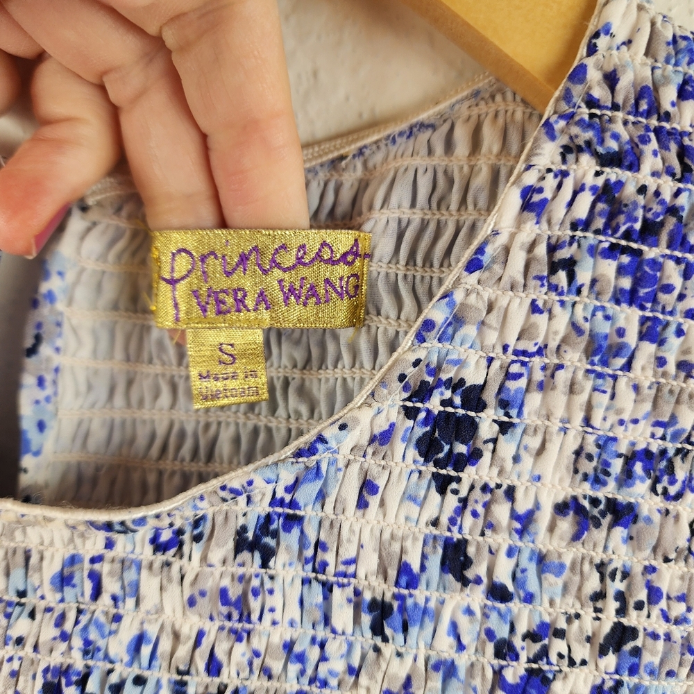 Vera Wang Smocked Tiered Sleeveless Blue & White Cottagecore Sundress Size Small - Picture 4 of 9